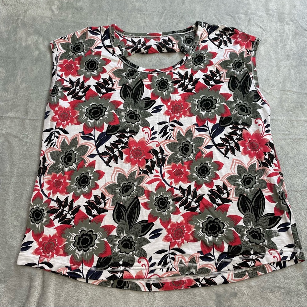 T By Talbots Shirt 2X Womens Floral Slub Knit Cutout Back Rayon Cotton Stretch